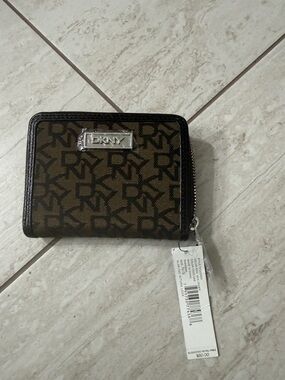 DKNY Brown Monogram Zip Wallet with Silver Logo plate & zipper